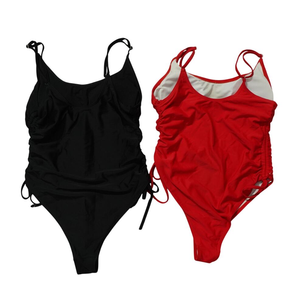 Lot of 2 Womens One Piece Swimsuit Ruched Side Scoop Neck Black Red Size XL - Picture 2 of 5